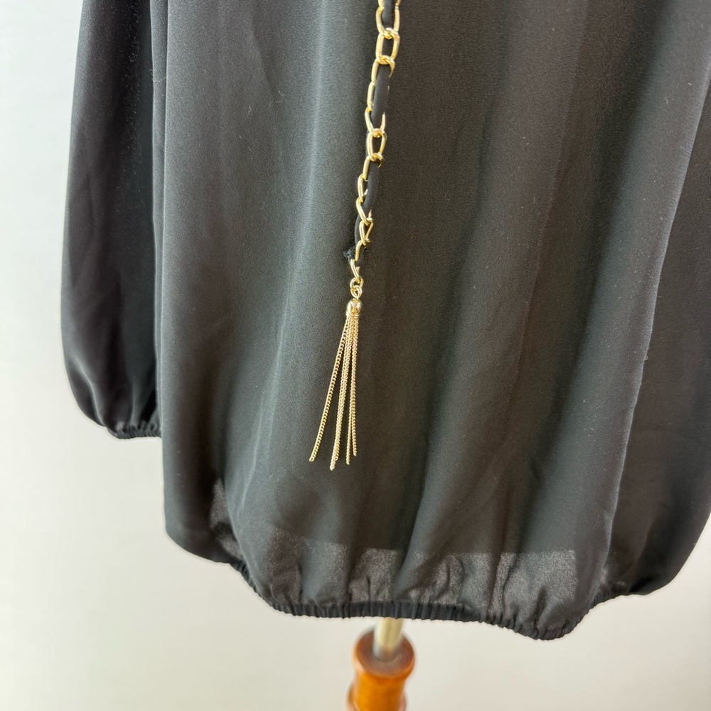 INC Black Off Shoulder Blouse with Gold Metallic Chain Embellishment - Picture 3 of 13